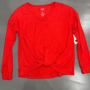 SO Womens Red Long Sleeve V Neck Ribbed Knot Front Top Blouse Size M